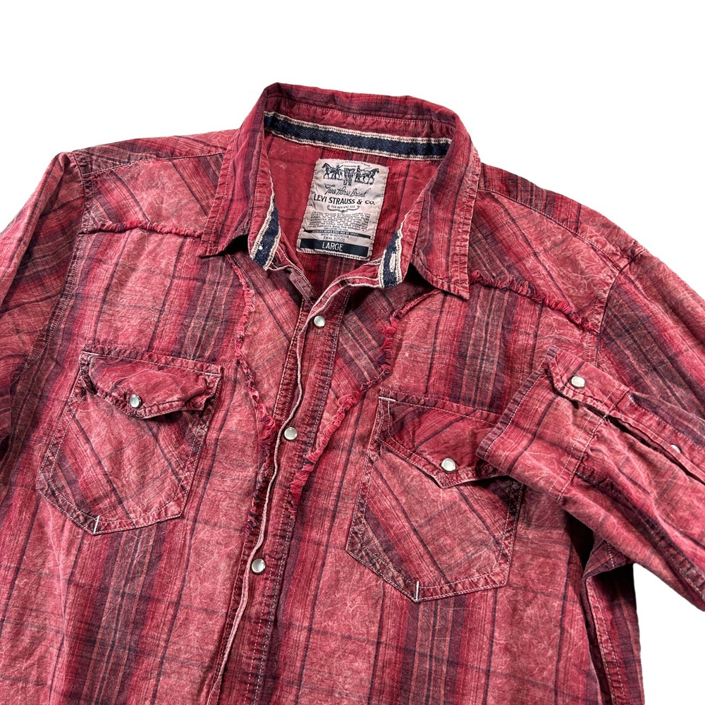 Levi Strauss Western Shirt Mens Large Red Plaid Acid Wash Frayed Pearl Snap